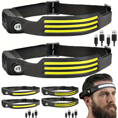 COB LED Headlamp 2 Pack 230° Wide Beam Motion Sensor Rechargeable Head Torch for Hiking Running Fishing Camping Hard Hat
