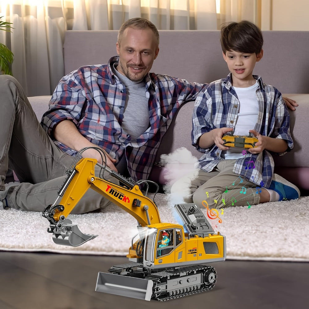 RC Excavator 120-Minute Battery Life Metal Shovel LED Lights – 13CH or 17CH Remote Control Construction Truck 1200mAh Rechargeable Digging Toy for Boys Ages 8+ Birthday Christmas Gift Yellow Gray