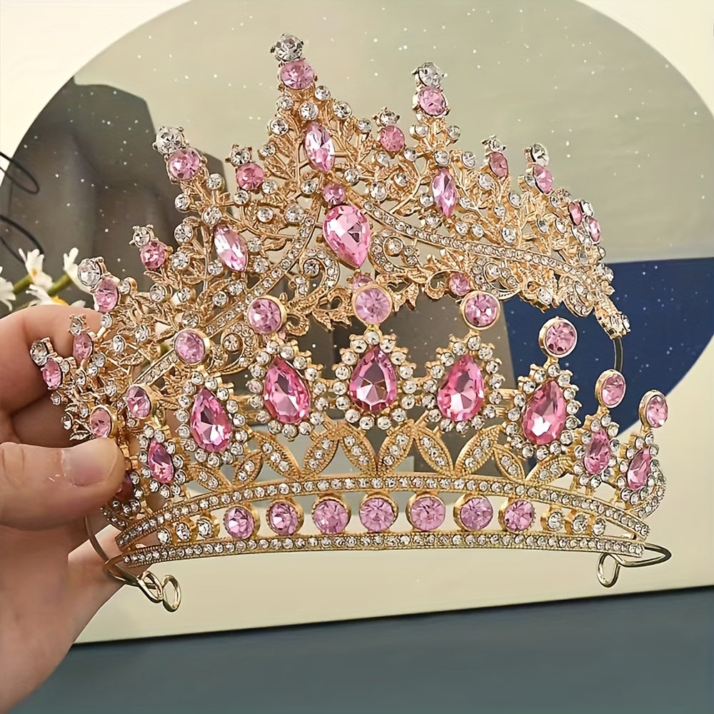 Princess Crown with Pink Gemstones 2pcs Set – Baroque Style Tiara Headwear for Girls Women Birthday Party Prom Dance Wedding Halloween Costume Accessory Dress Up