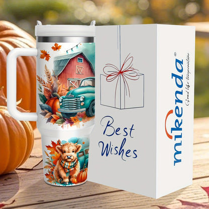 Stainless Steel Insulated Tumbler With Lid and Straw, 40oz & 16oz Highland Cow Thanksgiving Water Bottle With Handle, Keeps Cold 24 Hours Hot 12 Hours, Portable Travel Cup for Car Home Office Birthday Gift