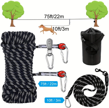 Overhead Dog Trolley System 75ft - Heavy Duty Reflective Cable Runner, Supports Up to 200lbs, Portable Easy Setup for Yard, Park, Camping & Hiking, Black & Blue, Outdoor Dog Run