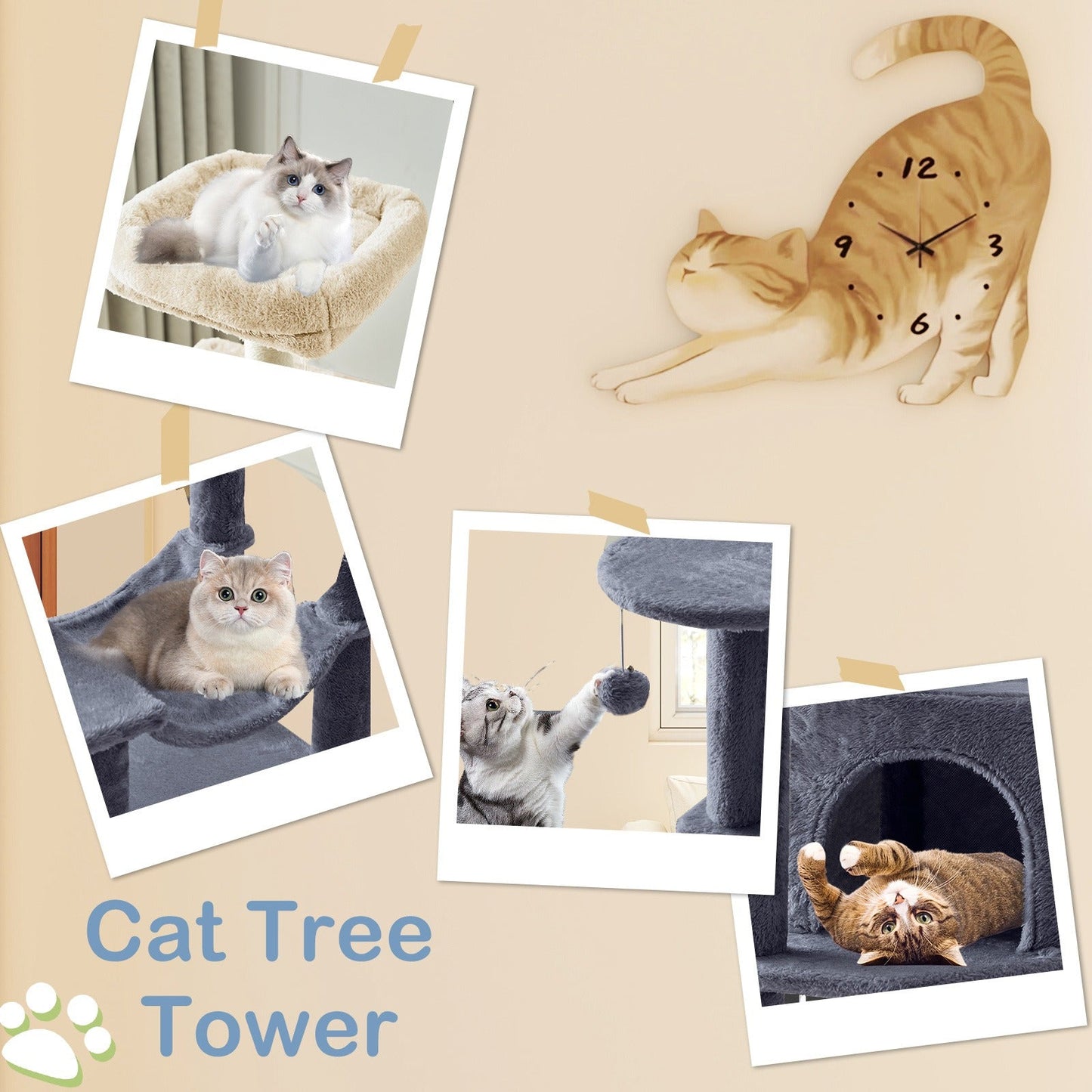 44-Inch Cat Tree Tower with Condo & Hammock - Multi-Level Indoor Cat Tree with Natural Sisal Scratching Posts, Perches & Pet House for Cats & Kittens, Stable Cat Climbing Tower, 5 Colors