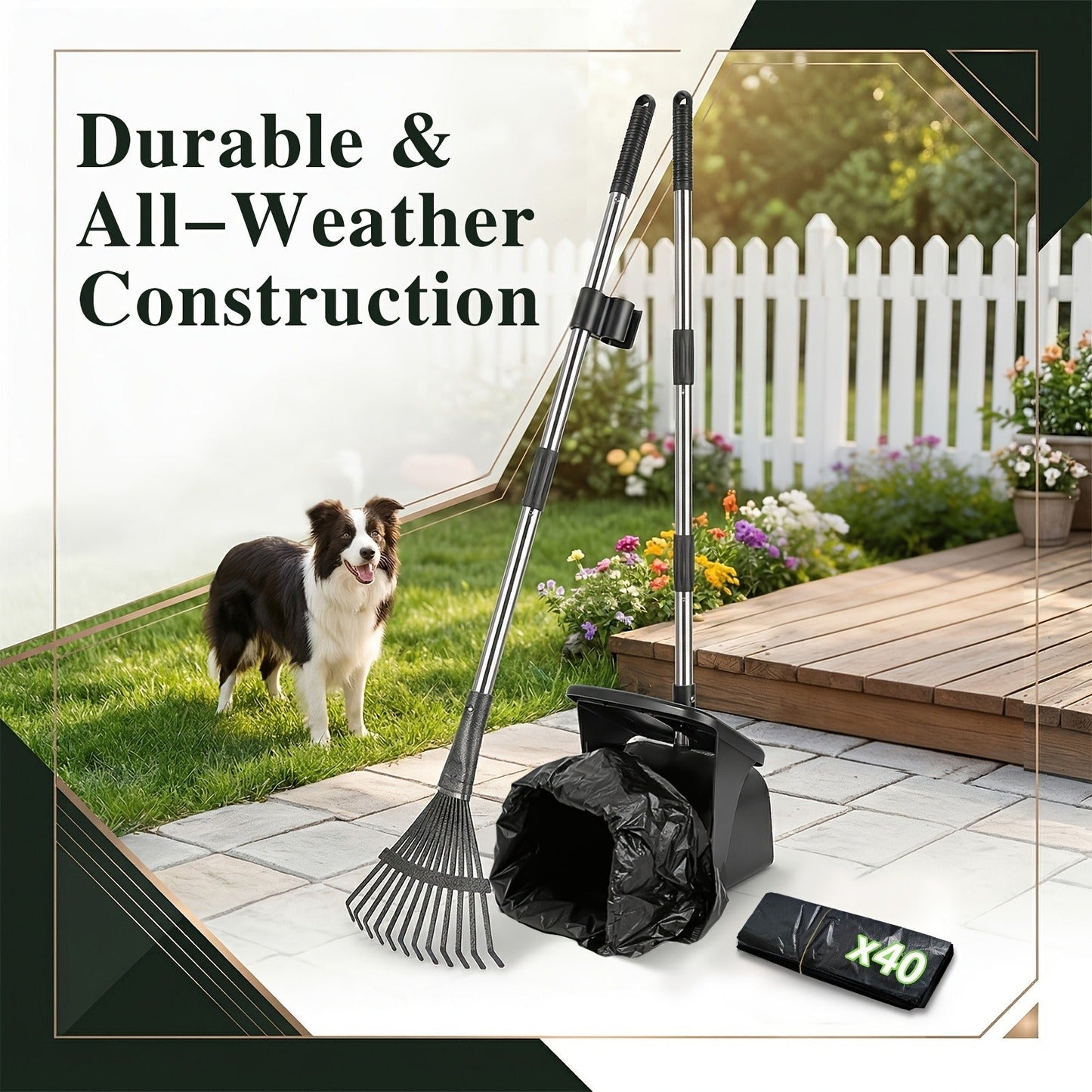 Dog Pooper Scooper with Long Handle & Swivel Bin - Heavy Duty Rake Spade Set, 40 Waste Bags Included, Pet Waste Removal for Yard Grass Gravel