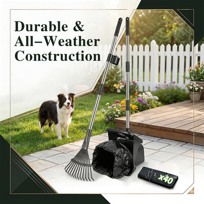 Dog Pooper Scooper with Long Handle & Swivel Bin - Heavy Duty Rake Spade Set, 40 Waste Bags Included, Pet Waste Removal for Yard Grass Gravel