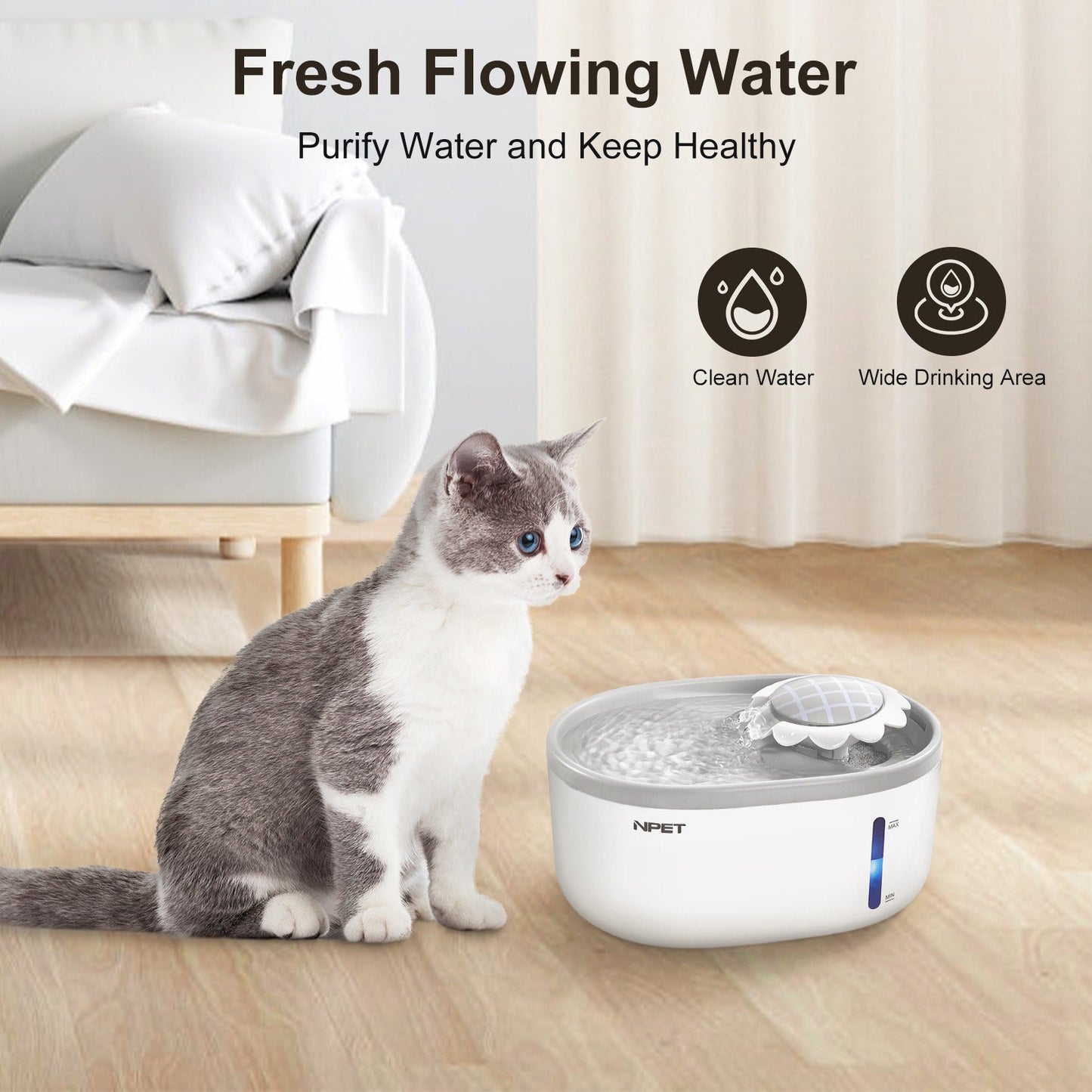 Automatic Pet Water Fountain 2L / 67oz - Ultra-Quiet Pump, Visible Water Level Window, Cat & Dog Water Dispenser, Safe BPA-Free Design, Filter Included, No Battery Required, PETNC010GW