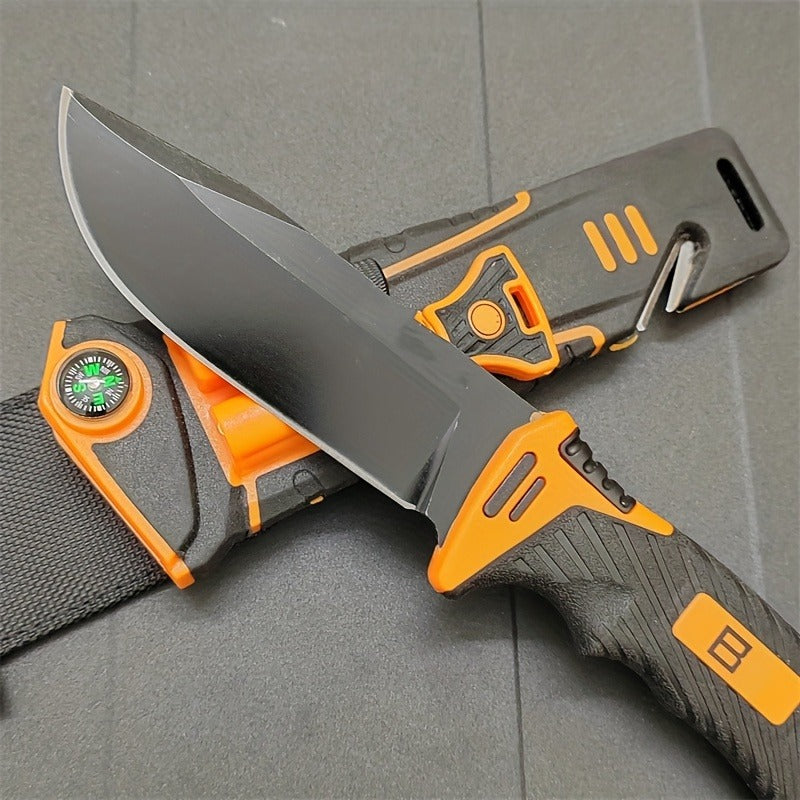 Fixed Blade Outdoor Camping Knife 9.64 Inch Stainless Steel, Survival Hunting Knife with Flint Fire Starter Night Light Sharpener Safety Sheath, Non-Slip Ambidextrous Handle for Hiking Mountaineering Adventure