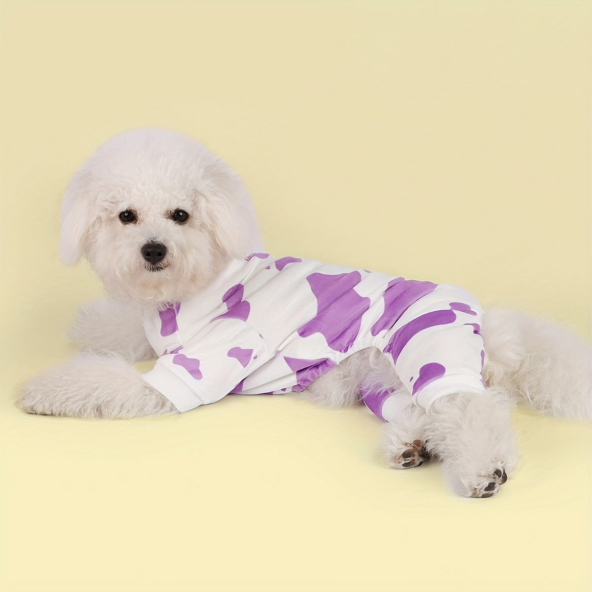Dog Pajamas Cow Print Soft Knit Pullover Sleepwear for Small Medium Dogs, 100% Polyester Milk Swirl Texture Pet Onesie Loungewear for Year-Round Comfort, Sizes XS S M L XL XXL 3XL 4XL, White
