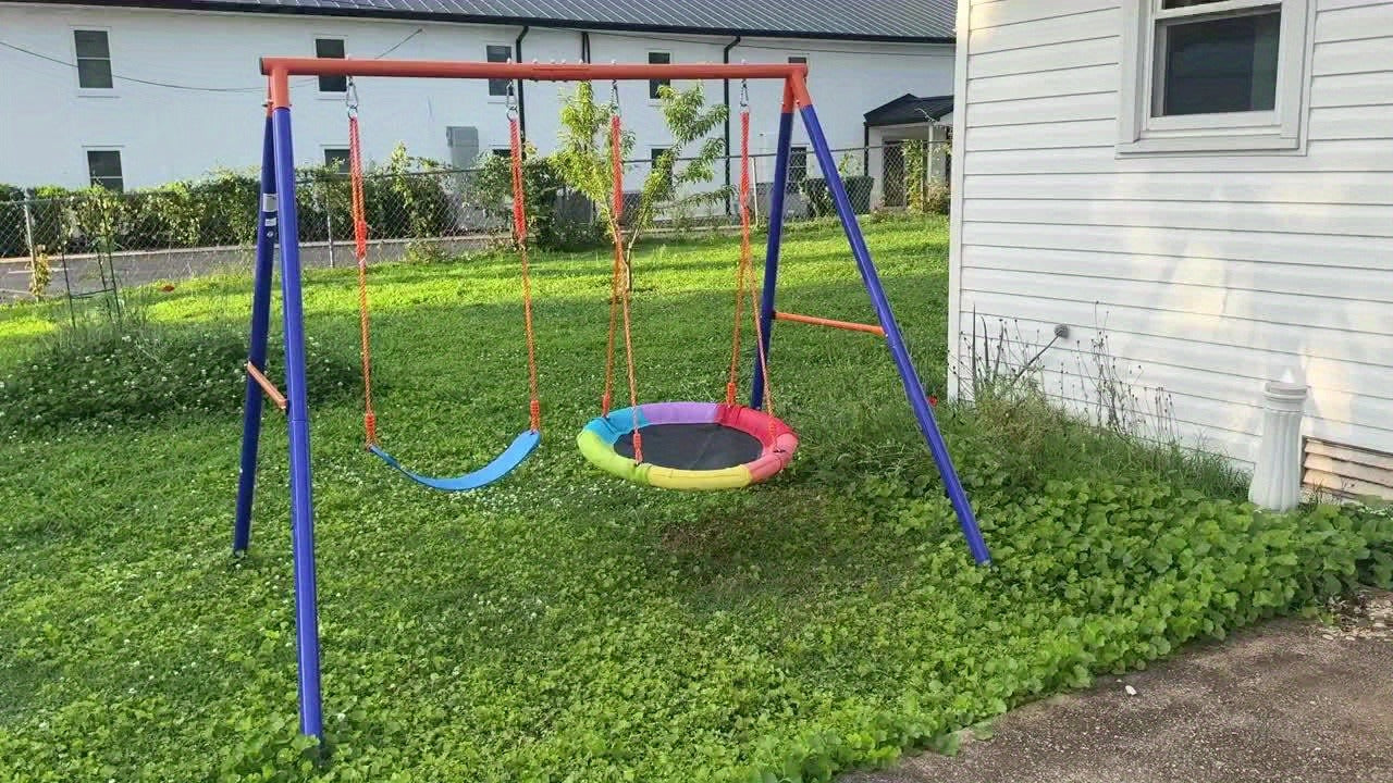 Outdoor Swing Set for Kids 3-in-1 Metal A-Frame 550 lbs Disc Saucer Swing Backyard Playground