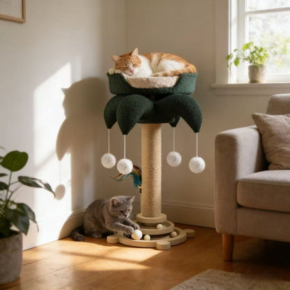 Cat Scratching Post Sisal Vertical Clown Hat Design, Wear-Resistant Cat Scratch Board with Cat Climbing Frame & Teaser Toy, Fun Shaped Cat Scratcher for Indoor Cats, Millet & Turtle Shape, Green