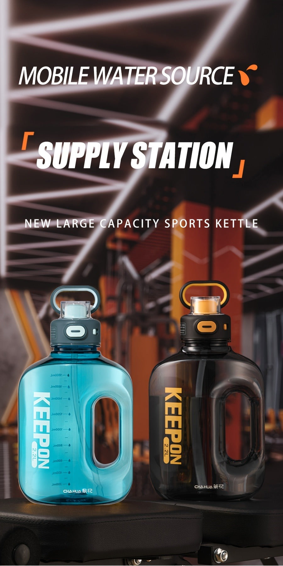 Large Sports Water Bottle with Straw Lid Handle 1500ml 2200ml Leak-Proof Lockable Food-Grade PP PC Hydration Bottle for Gym Fitness Hiking Camping Travel School