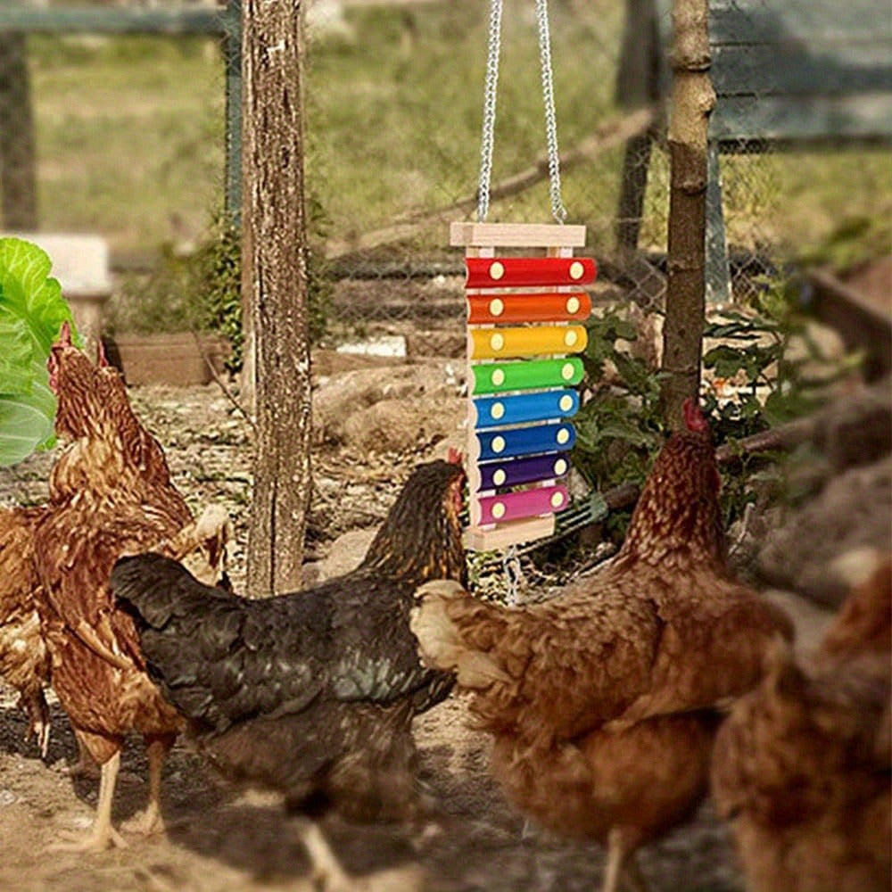Chicken Coop Toys Set – Xylophone, Swing, Mirror, Step Ladder & Pecking Toys for Hens, Wood & Colorful Bead Enrichment Accessories for Backyard Chickens & Parrots, 5pcs or 9pcs