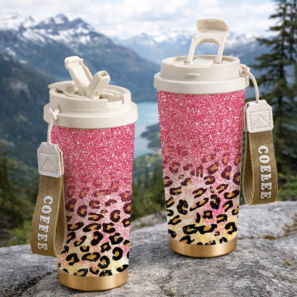 Insulated Stainless Steel Tumbler 18oz - Pink Glitter & Golden Leopard Print, Leak-Proof Foldable Straw Lid, Keep Hot 12H Cold 24H, Trendy Travel Coffee Cup Gift for Women
