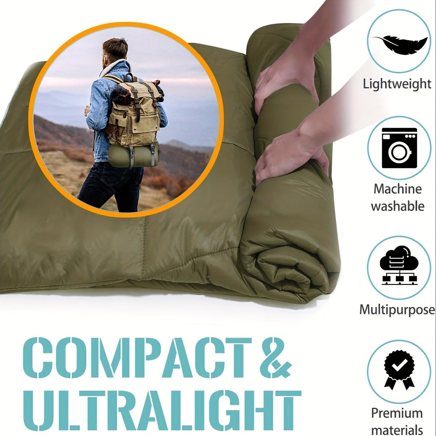 Puffy Camping Blanket Foldable Lightweight Water Resistant with 3D Eye Mask - DWR Coated Outdoor Blanket for Camping, Hiking, Travel, Beach, Stadium & Car, Warm Packable Throw in 4 Colors, 55" x 78"