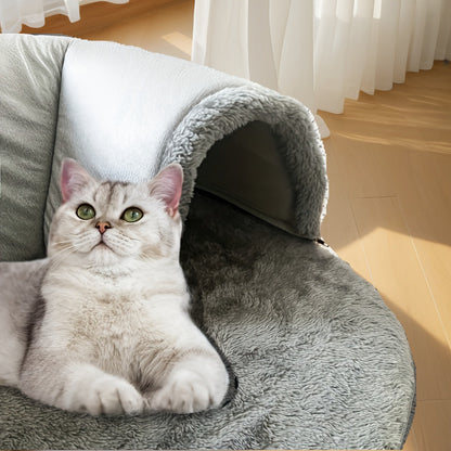 Cat Tunnel Bed 3-in-1 Play Mat & Warm Nest with Non-Slip Base, Durable Chew-Resistant Polyester Cat Bed for Indoor Cats, Soft Gray White Design, S & M Sizes for Cats Rabbits Hamsters