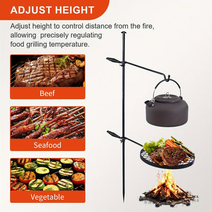 Campfire Grill Grate with Hanging Pole – Height Adjustable, 360° Rotation, 48" Thick Steel Pole, Swivel Grate Ring for Kettle, Dutch Oven & Pan – Portable Open Fire Cooking Grill for Camping & Outdoor
