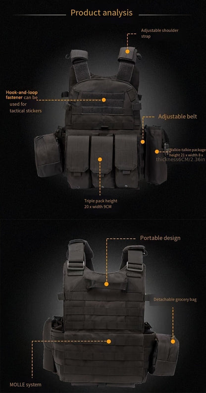 Tactical MOLLE Vest 6094 Adjustable Combat Chest Rig with Multi-Pocket System for Outdoor Hunting Training Airsoft CS Wargame Hiking Camping