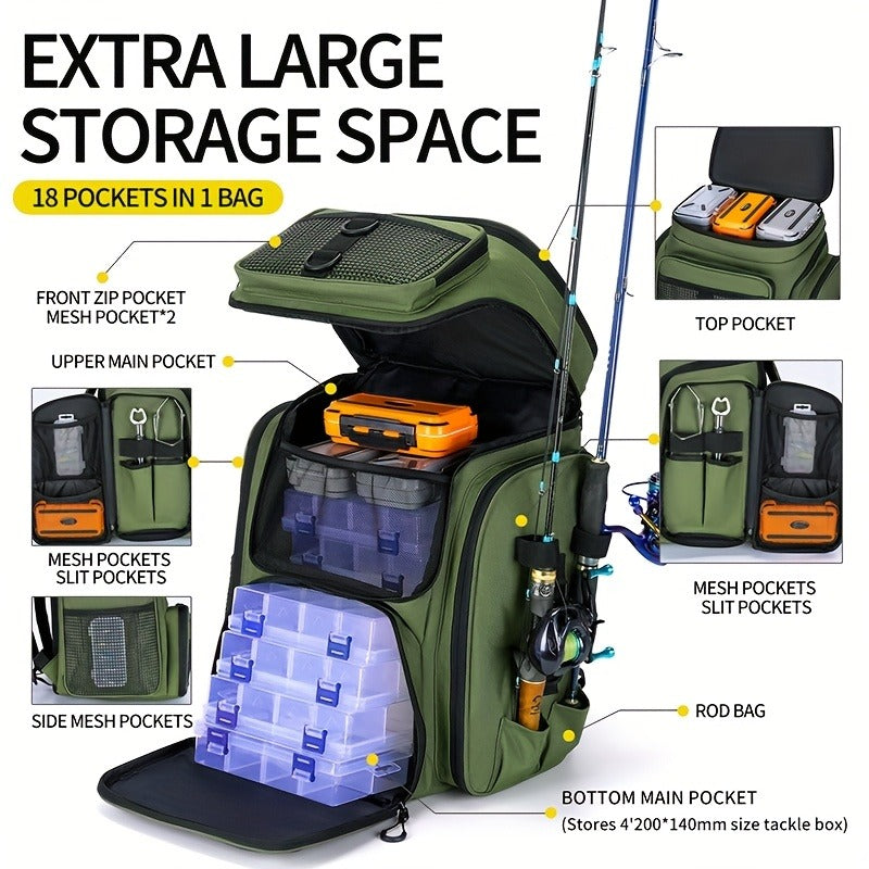 Fishing Backpack with Rod Holder 45L – Large Capacity Outdoor Tackle Bag, Waterproof Travel Shoulder Pack for Fishing Camping Hiking, Multi-Pocket Lure Storage Rucksack with Zipper Closure