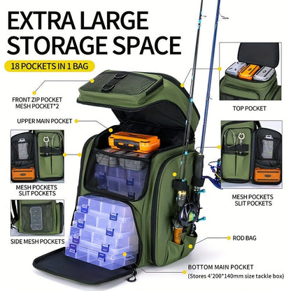 Fishing Backpack with Rod Holder 45L – Large Capacity Outdoor Tackle Bag, Waterproof Travel Shoulder Pack for Fishing Camping Hiking, Multi-Pocket Lure Storage Rucksack with Zipper Closure