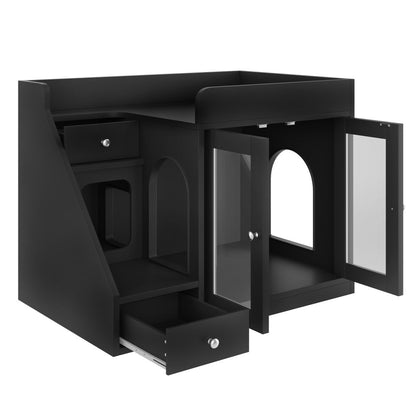 Cat Litter Box Enclosure Furniture Hidden Cabinet with LED Light & 2 Drawers – MDF Indoor Cat House Side Table with Acrylic Door, Stair Steps & 110 lb Capacity, Gray White Black