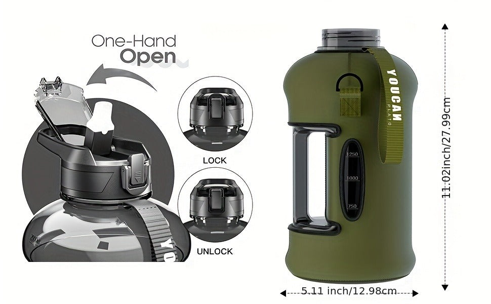 Half Gallon Water Bottle 74oz with Insulated Sleeve, Straw & Time Marker – BPA Free Leakproof Large Sports Jug with Carrying Handle & Strap for Gym, Fitness & Outdoor