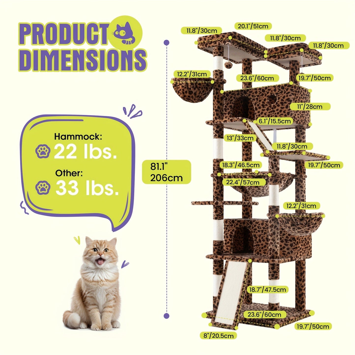 Cat Tree Tower Multi-Level for Indoor Cats - Cat Furniture with Sisal Scratching Posts, Plush Perches, Hammock, Basket & Corner Condo Cave, Hanging Toys & Climbing Ramp, Multiple Sizes & Colors