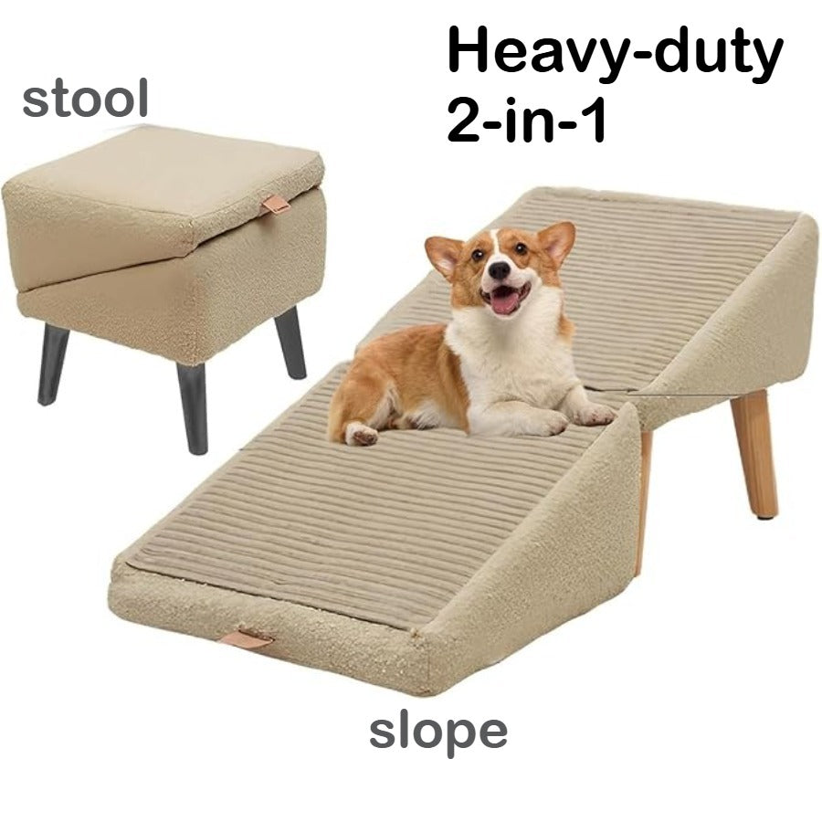 Dog Ramp 2-in-1 Foldable Ottoman Pet Stairs for Sofa Bed, Solid Wood Frame Heavy-Duty Small Dog Steps with Anti-Scratch Rounded Edges, Space-Saving Folding Pet Ramp Footrest, Black & Khaki