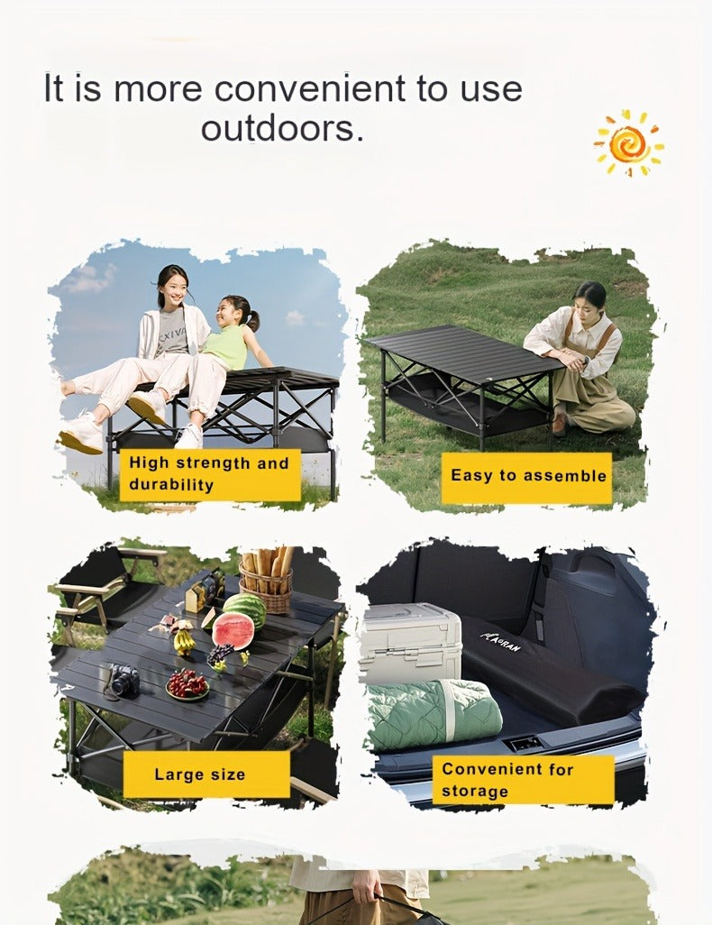 Foldable Roll-Up Camping Picnic Table with Carry Bag | Portable Outdoor Table for Camping Beach Backyard BBQ Parties Patios | Lightweight Compact Indoor Outdoor Table Black Large Plus Size