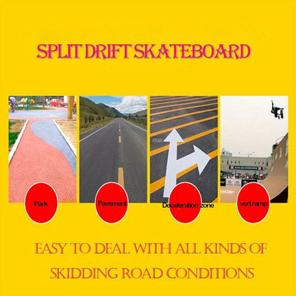 Split Drift Skateboard with PU Wheels & High-End Bearings | 7-Layer Maple Deck Anti-Slip Portable Roller Road Drift Skates Plate – Flexible Lightweight Design for Tricks & Street Skating (2 Styles)