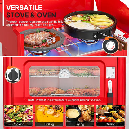 Camping Stove with Oven 2-in-1 – Portable Propane Double Burner 16,000 BTU & Outdoor Oven Combo with Auto-Ignition & Thermometer | Camping, Backyard & Picnic Cooking