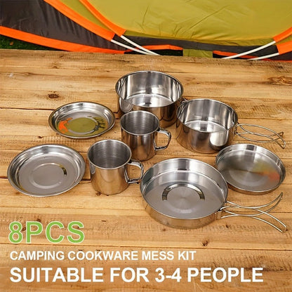Stainless Steel Camping Cookware Set 8 Piece with Pots Pans Plates Cups and Handles - Lightweight Outdoor Cooking Kit for Camping Hiking Backpacking Open Fire Camp Kitchen Gear