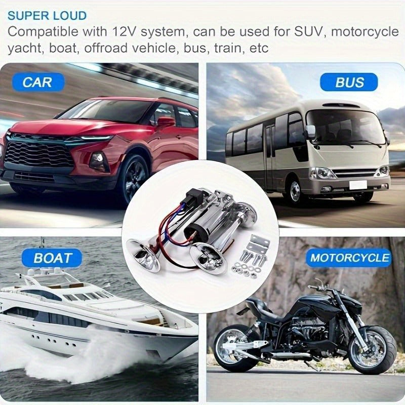 Dual Air Horn Kit 12V/24V 105-137dB with Air Compressor - Super Loud Aluminum Alloy Trumpet Horn for Truck, Train, SUV, Motorcycle, Car & Boat, Universal Electric Horn Easy Install
