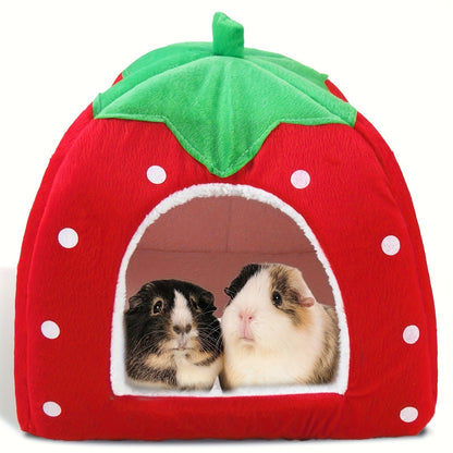 Small Animal Hideaway Bed 2pcs – Strawberry Plush Hideout for Guinea Pigs, Hamsters & Rabbits, Semi-Enclosed Warm Nest with Leaf Design, Washable, Multiple Color Options