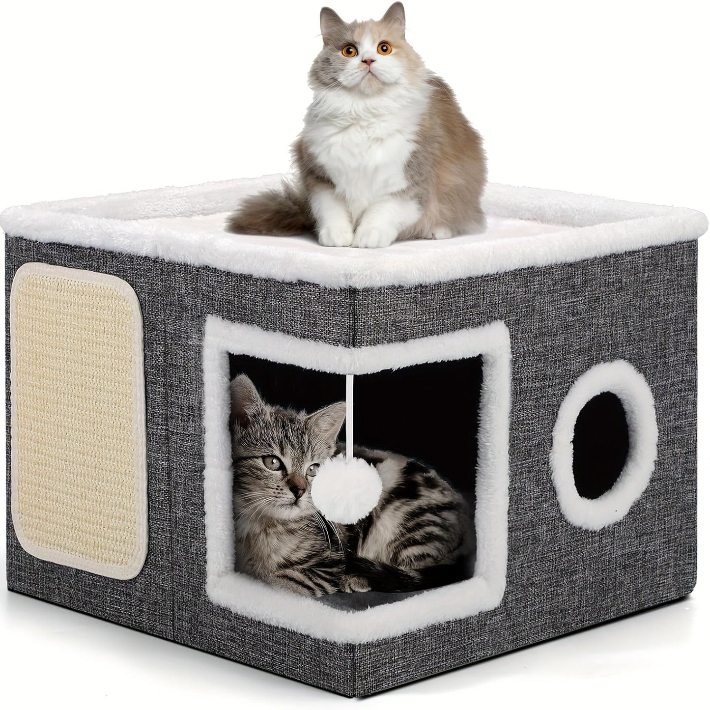 Multi-Tier Cat House & Indoor Cat Cube Bed - Foldable 2-Level Cat Tree with Scratching Post, Toy Tunnel & Plush Hanging Ball, Space-Saving Nylon Canvas Cat Furniture 16.5x16.5x13in for Small Spaces