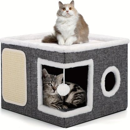 Multi-Tier Cat House & Indoor Cat Cube Bed - Foldable 2-Level Cat Tree with Scratching Post, Toy Tunnel & Plush Hanging Ball, Space-Saving Nylon Canvas Cat Furniture 16.5x16.5x13in for Small Spaces