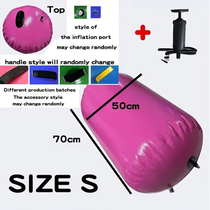 Inflatable Gymnastics Air Barrel Roll with Handle & Air Pump – Circular Air Cushion Tumbling Mat for Home Gym, Yoga, Cheerleading & Kids Training, PVC, Multiple Sizes