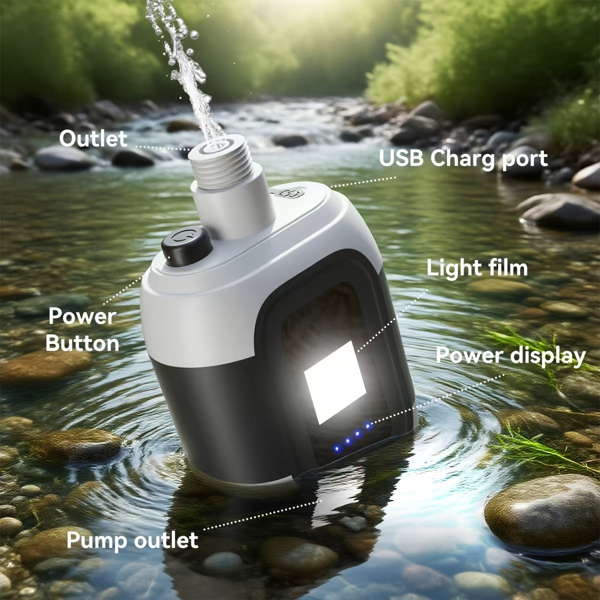 Portable Outdoor Shower with Light 2-in-1 – 2000mAh Rechargeable, Power Display, Spray Nozzle, Hose & Suction Cup – Camping, Hiking, Pet Bathing & Car Cleaning Shower Pump