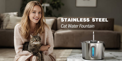 Stainless Steel Cat Water Fountain 74oz - 304 Food-Grade Steel, Ultra-Quiet USB Pump, 3-Stage Filtration, Visible Water Level Window, Auto Circulation for Cats & Small Dogs