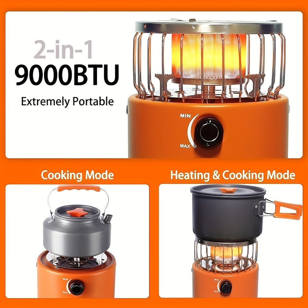 Portable Propane Camping Stove 9000 BTU – 2-in-1 Indoor & Outdoor Gas Heater for Camping, Cooking & Emergency Preparedness, Adjustable Flame, Stainless Steel, Compact 10.7x7 Inch with Gas Hose & MAPP Converter (Yellow)