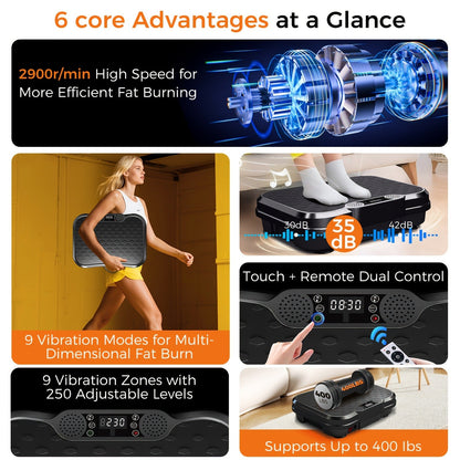 Vibration Plate Exercise Machine 2025 Upgraded – 400 lb Capacity, LED Touch Screen & Remote Control, 9 Preset Programs, Multiple Speed Levels, Whole Body Vibration Trainer for Home Gym Fitness, No Battery Required