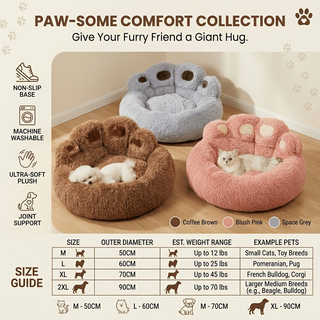 Dog Bed & Cat Bed Plush Bear Paw Print – Soft Warm Pet Bed for Small Medium Large Dogs, Thickened Long Plush, No Assembly, Autumn Winter Pet Sleeping Bed in Coffee Pink Gray