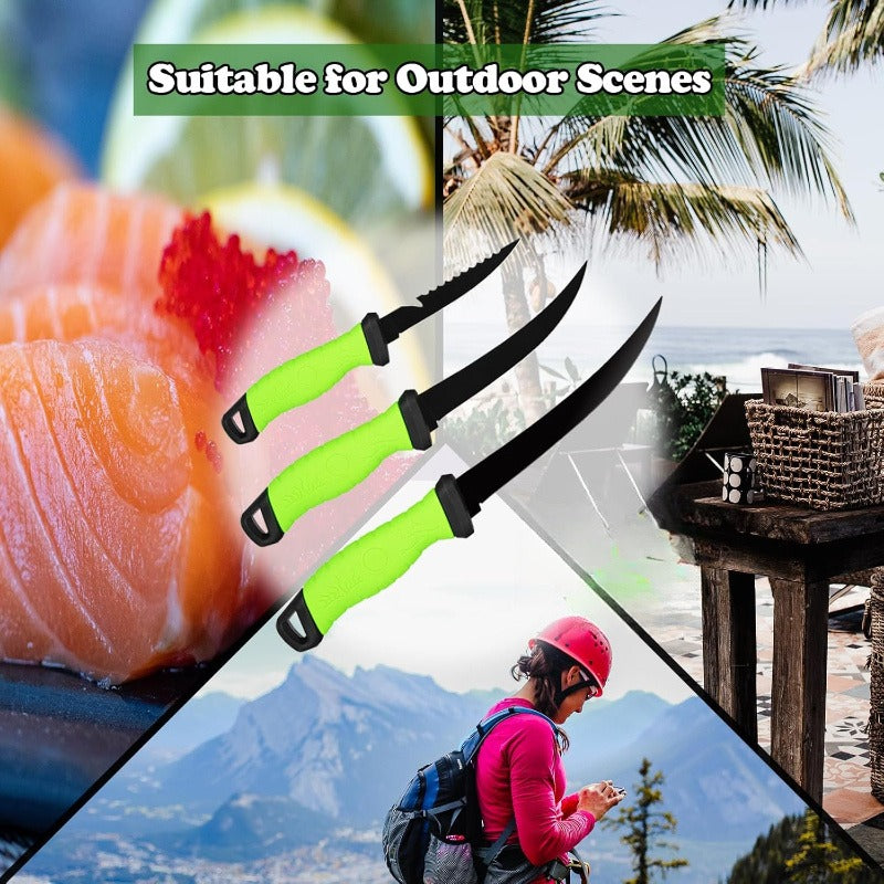 Stainless Steel Fishing Knife Set 3-Piece – 4.5 to 6.5 Inch Fish Fillet Knives for Camping, Fishing & Outdoor Use, Professional Fishing Tackle Tool Set, Ideal Fishing Gift for Men (Green)