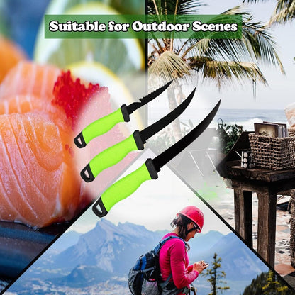 Stainless Steel Fishing Knife Set 3-Piece – 4.5 to 6.5 Inch Fish Fillet Knives for Camping, Fishing & Outdoor Use, Professional Fishing Tackle Tool Set, Ideal Fishing Gift for Men (Green)
