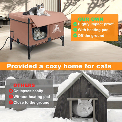 Heated Cat House 3-in-1 with Removable Warming Pad, Elevated Cat Bed for Indoor & Outdoor Cats, Chew-Resistant Cord, Double Door Cat Cave, All-Season Cat Shelter & Condo