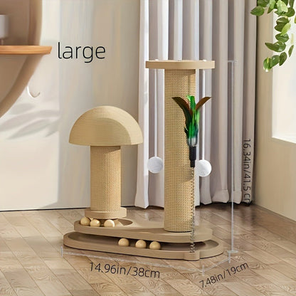 Cat Scratching Post Sisal Vertical Scratcher – Solid Wood Base, Wear-Resistant Rope, Multiple Styles: Standard, Mushroom & Dolphin Shapes, Sizes S/M/L, Cat Climbing Frame with Teaser Wand