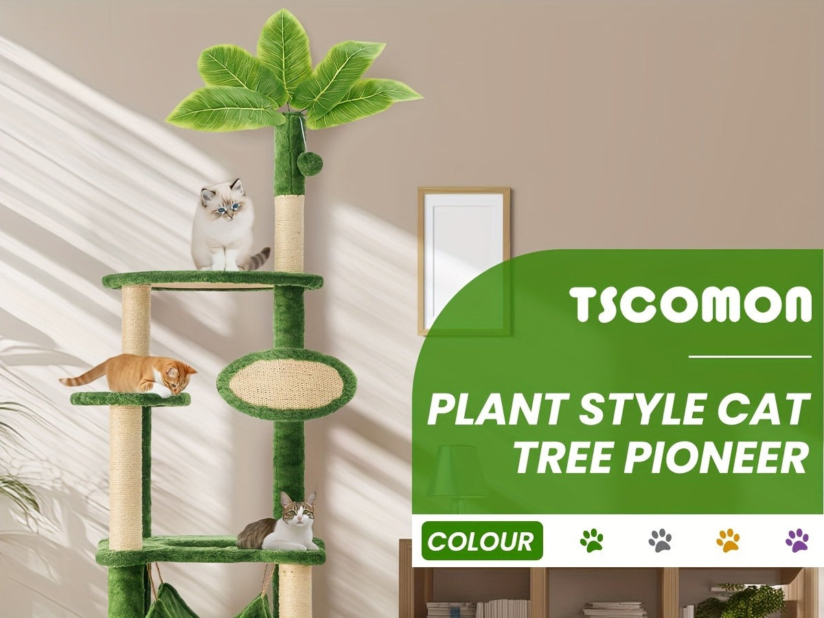 Cat Tree 55" Large Multi-Level Cat Tower for Indoor Cats with Green Leaves, Hammock, Sisal Scratching Posts & Hanging Ball Toy – Cat Furniture for Living Room