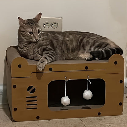 Large Cat House with Scratcher Pad & Plush Ball Toys, Ventilated Multi-Functional Indoor Outdoor Cat Shelter, Easy Assembly Single Door Double Door Luxury Double-Layer Cat Condo, Festival Gift