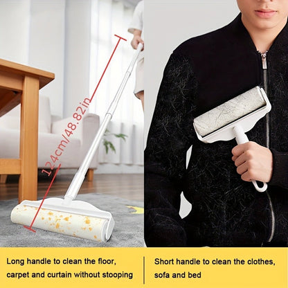 Lint Roller with 49-Inch Extendable Handle for Pet Hair Removal – Reusable Sticky Roller for Sofa, Carpet, Clothes, Floor & Furniture, Tear-Off Design, White