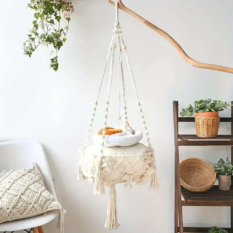Hand-Woven Rope Cat Hammock & Swing Bed – Indoor Cat Nest Basket for 1-2 Cats, 11.81" & 15.75" Diameter