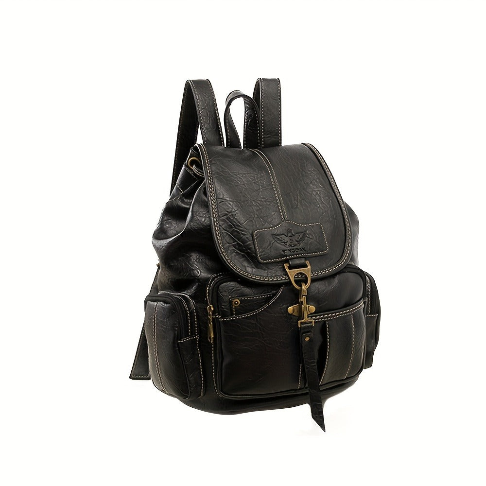 Vintage PU Leather Backpack Shoulder Satchel Multi-Carry Water Resistant Geometric Pattern Zipper Adjustable Strap for Men Women School Travel