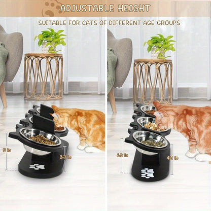 Elevated Cat Bowl Stand with Tilted Stainless Steel Bowls - Adjustable Raised Feeder, Anti-Spill, Black Wood Base for Cats & Small Dogs